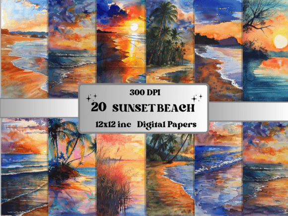 Download Watercolor Sunset Beach Background Paper - Sunset Collection
