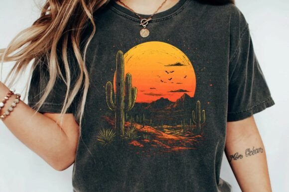 Download Vintage Desert Sunset Cactus Mountain Retro Graphic T-Shirt Design Png - Sunset Collection